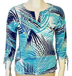 T by Talbots Tunic Top Womens L Blue Tropical Palm Print Notch Neck 3/4 Sleeve